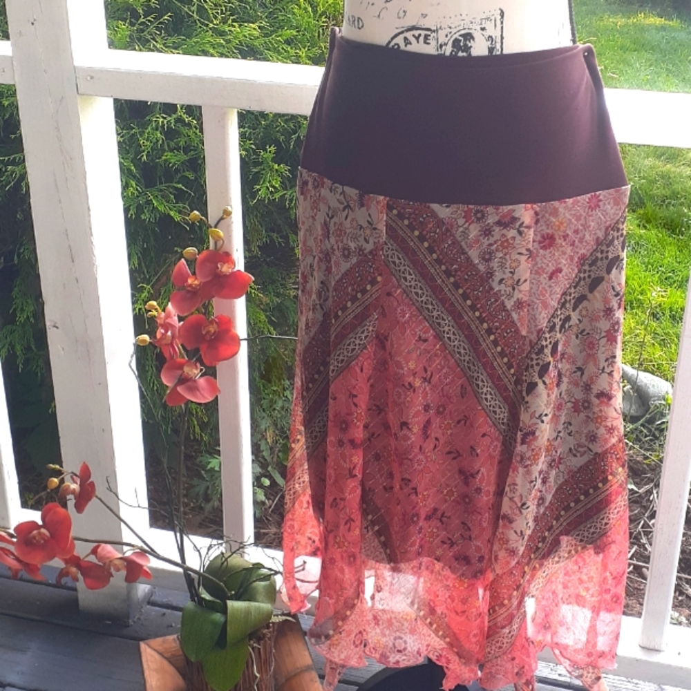 LUNA CHIX HANDKERCHIEF BOHO GYPSY Skirt Lined Semi Sheer Elastic High Wa…